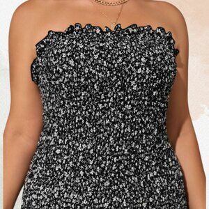 Plus Size Ditsy Floral Print Frill Trim Ruffle Hem Tube Dress